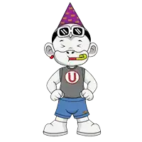 a cartoon character wearing a party hat and shorts with the letter u on it