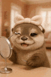 an otter wearing a headband and eyeliner looks at itself in the mirror