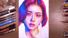 a drawing of a woman 's face is on a table with colored pencils and pens