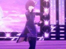 a woman is dancing on a stage in front of a purple background .