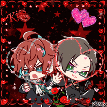 a picture of two anime characters with hearts around them and the words picmix on the bottom