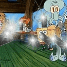 a group of spongebob squarepants characters are standing on a wooden deck .