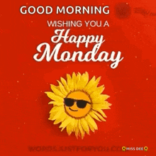 a good morning wishing you a happy monday card with a sunflower wearing sunglasses .