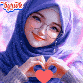 a girl in a hijab and glasses making a heart with her hands