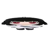 a stuffed animal with a black haired girl 's face and red eyes is floating in the air .