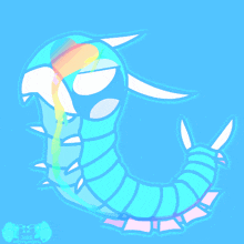 a drawing of a blue caterpillar with a rainbow colored head and tail