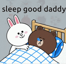 a cartoon of a rabbit holding a brown bear in a bed with the words sleep good daddy below it