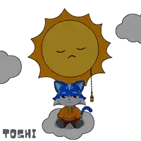 a drawing of a cat sitting on a cloud holding a sun with a sad face