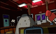 a cartoon scene with a red exit sign