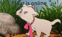 a cartoon cat with a pink bow around its neck and the words laur is online below it