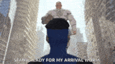 a cartoon character says " stand ready for my arrival worm " in a city