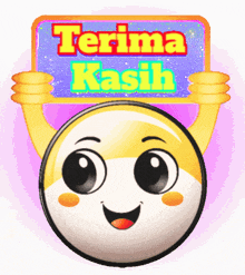 a smiley face holds a sign that says terima kasih