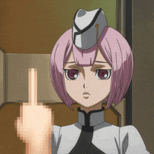 a pixelated image of a girl with pink hair and a hat giving the middle finger