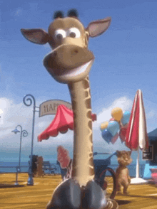 a cartoon giraffe is standing in front of a sign that says " happy "