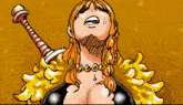 a cartoon drawing of a woman holding a sword with the letter l on her chest