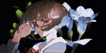 a drawing of a girl with glasses and flowers in the background