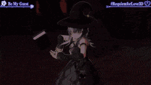a girl in a witch hat is holding a book with the letter v in the background