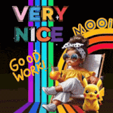 a little girl is sitting in a chair holding a drink and a pikachu standing next to her