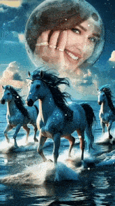 a painting of horses running in the water with a woman 's face in the background