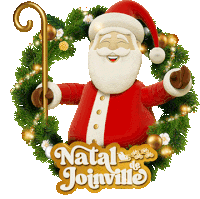 a santa claus holding a cane in front of a christmas wreath that says natal de joinville