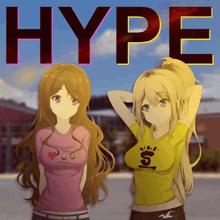 two anime girls are standing next to each other with the word hype behind them