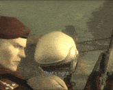 a man in a red beret is talking to another man in a white helmet with the words that 's right below them