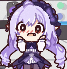 a drawing of a girl with purple hair and a bow on her head