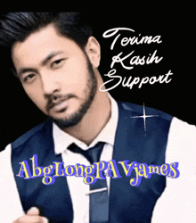 a man in a suit and tie is standing in front of a sign that says " terima kasih support "