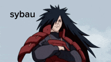 a cartoon of a man with long black hair and the word sybau above him