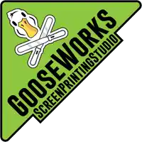 a logo for gooseworks screenprinting studio with a duck holding scissors