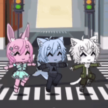 a group of three gacha characters are dancing on a crosswalk .