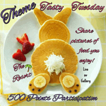 a poster for theme tasty tuesday with a picture of pancakes shaped like a bunny