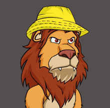 a cartoon of a lion wearing a yellow hat with its mouth open