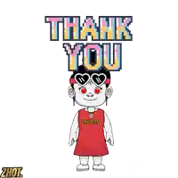 a cartoon character wearing sunglasses and a red shirt that says ' zhout ' on it