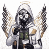 a drawing of an angel smoking a cigarette and drinking coffee