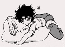 a black and white drawing of a girl laying on a pillow with a cat .