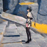 a woman is standing on a set of stairs with a gun in her hand .