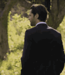 a man in a suit is standing in a field