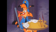 a cartoon character is sitting at a table with his mouth open