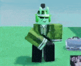 a green roblox character wearing a suit and a hat
