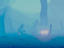 a cartoon drawing of a man sitting in front of a fire in the water