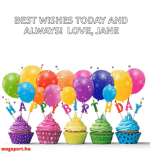 a happy birthday card with cupcakes and balloons