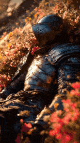 a knight in armor laying in a field of flowers