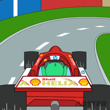 a cartoon drawing of a race car with shell helix written on it