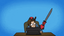 a cartoon of deadpool holding a sword over a woman 's head