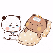 a cartoon of a panda holding a bottle next to a bear laying in bed