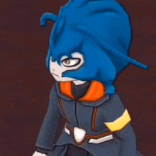 a cartoon character with a blue head and a black jacket