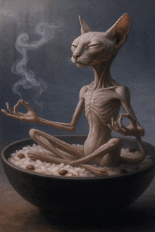 a cat is meditating in a bowl of rice