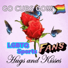a greeting card that says go cubs go with roses and butterflies
