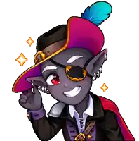 a cartoon character wearing a purple hat with a blue feather